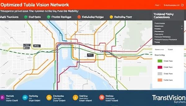 A digital map visualization of an optimized public transport network with efficient bus routes, train connections, and multi-modal transit options, illustrating the advanced planning capabilities and user-friendly designs offered by TransitVision Solutions, with a focus on sustainable urban mobility.