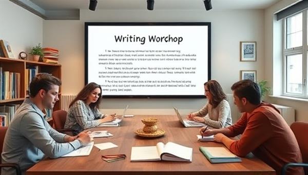 A virtual creative writing workshop setting with a digital storyboard, writing materials, and a group of participants engaging in a storytelling exercise, capturing the essence of collaboration, creativity, and inspiration in a virtual writing environment.