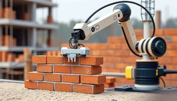 An advanced robotic arm equipped with a bricklaying tool in action on a construction site, precision-placing bricks with robotic accuracy and speed, demonstrating the modern and efficient construction methods offered by BrickBot Builders.