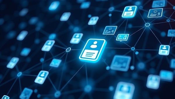 An innovative blockchain network visual with digital credentials and certifications securely stored and shared among users, showcasing the trust and transparency offered by TrustChain in background verification processes, creating a reliable and efficient solution for recruitment.