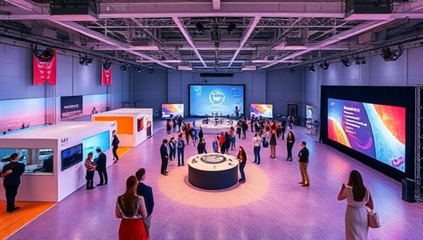 An imaginative virtual event space with interactive booths, networking lounges, and a main stage for presentations, demonstrating the immersive and engaging environment created by EventSphere Connect for virtual gatherings and conferences.