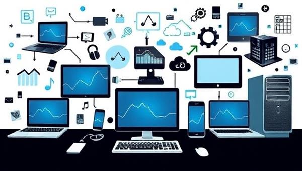 A dynamic collage of tech devices like laptops, smartphones, and servers being remotely monitored and supported by the BizTech Assist team, symbolizing the seamless and efficient tech support services provided to small businesses.