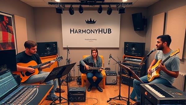 An artistic virtual studio setup with musicians from diverse backgrounds playing various instruments and recording vocals, surrounded by digital music production equipment and software interfaces, illustrating the collaborative and creative atmosphere of HarmonyHub.