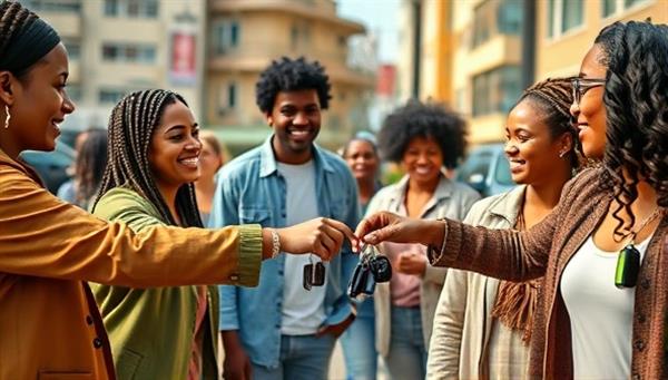 An artistic representation of a diverse group of individuals exchanging car keys and smiles in a vibrant urban setting, showcasing the community-centric and sharing economy spirit of WheelsShare.