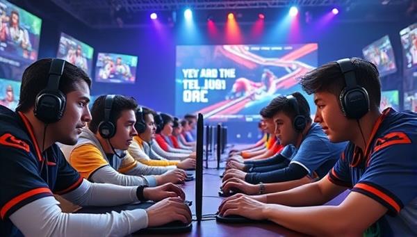 An engaging visual of diverse gamers competing in a virtual arena, with vibrant graphics and exciting gameplay moments, capturing the essence of competitive gaming and community interaction.