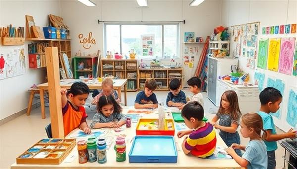 A colorful workshop setting filled with children engaged in various creative activities like painting, building, and experimenting, surrounded by art supplies and STEM materials, creating a vibrant and inspiring learning atmosphere for young minds.
