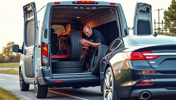 An image of a mobile tire repair van with a fully equipped workstation, a technician swiftly replacing a tire for a customer