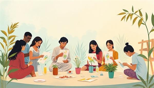 An evocative illustration of a serene virtual art therapy session with a diverse group of participants engaging in art-making activities, surrounded by calming colors and nature elements, conveying a sense of tranquility and emotional connection through creative expression.