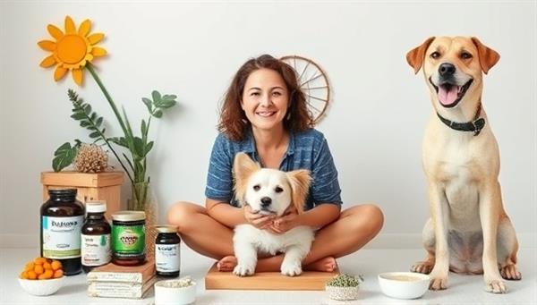 A serene visual of a virtual coaching session where a pet owner engages with a wellness coach, surrounded by images of healthy pet food, supplements, and a happy pet, conveying a sense of balance and vitality.
