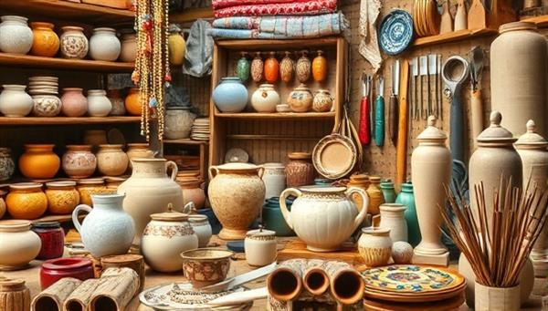An artistic collage of handmade items such as pottery, textiles, and jewelry displayed on a virtual marketplace, surrounded by tools and crafting materials, evoking a sense of creativity, craftsmanship, and community in the artisanal world.