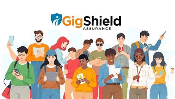 An illustration of a diverse group of gig workers engaged in various freelance activities, with GigShield Assurance branding prominently displayed, conveying inclusivity and tailored insurance solutions for gig economy professionals.