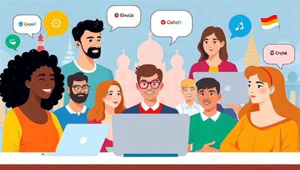 A vibrant and colorful digital illustration showcasing diverse individuals engaging in a virtual language exchange session, with speech bubbles in different languages, world landmarks, and cultural symbols in the background, symbolizing global communication and language diversity.