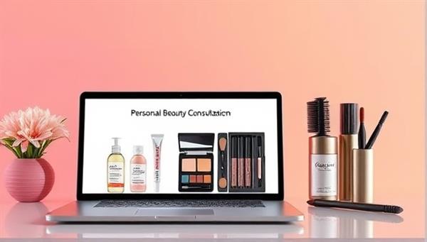 A vibrant virtual beauty consultation setup with a sleek laptop displaying skincare products, makeup palettes, and hair tools, symbolizing personalized beauty advice and digital connection.