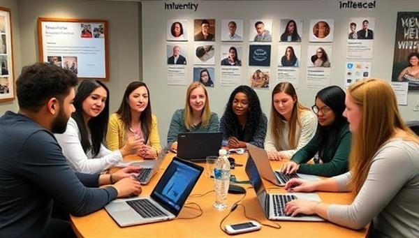 An influencer meetup with diverse micro-influencers and brand representatives engaging in discussions, surrounded by laptops and social media profiles, showcasing the community-driven and collaborative nature of the platform.