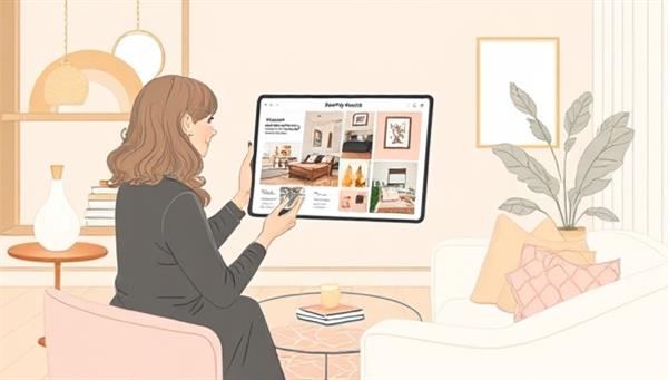An elegant digital illustration of a virtual design consultation session, with a designer presenting a mood board and design concept on a tablet screen to a client, surrounded by stylish home decor elements and swatches, illustrating a sophisticated and collaborative design process with DesignVista.