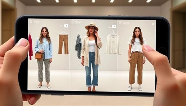 An AR visualization of a user trying on different outfits virtually using the StyleSwap app, with a seamless transition between clothing items and accessories, showcasing the convenience and versatility of the virtual try-on experience.