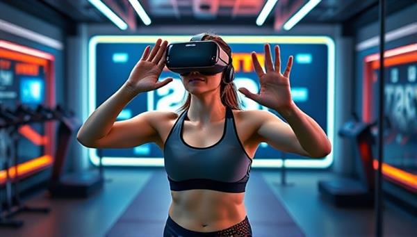 An individual wearing VR fitness gear, exercising in a virtual reality environment with a digital trainer guiding them through a workout routine, surrounded by futuristic fitness equipment and motivational visuals, illustrating the immersive and dynamic nature of VR FitZone.