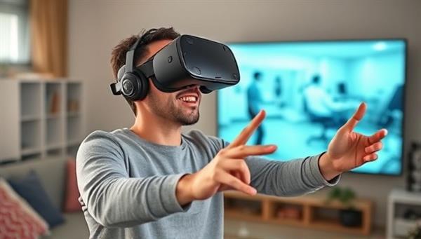 An individual in a home setting wearing a VR headset and engaging in virtual physical therapy exercises, surrounded by a digital environment representing a rehabilitation space, highlighting the immersive and interactive nature of VR therapy sessions.