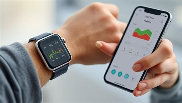 An individual wearing a smartwatch with vital signs displayed on the screen, while using the VitalTrack app on a smartphone to track their health data, showcasing the convenience and reliability of remote monitoring.