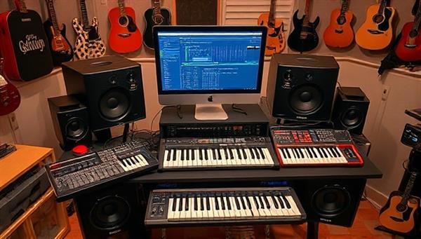 A digital music studio setup with MIDI controllers, studio monitors, synthesizers, and a computer screen displaying music production software, surrounded by creative musical instruments and a vibrant atmosphere, inspiring participants to embark on their music production journey and unleash their musical creativity.