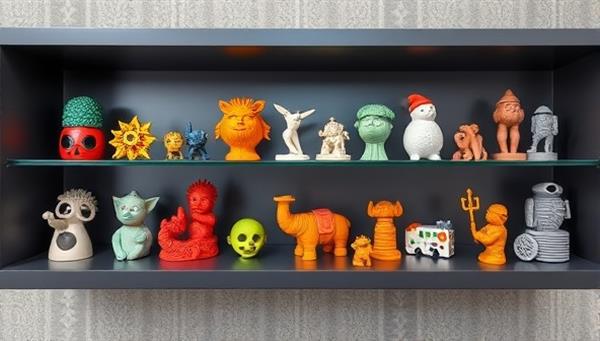 An array of intricate and colorful 3D-printed objects displayed on a sleek, modern shelf, highlighting the precision and creativity of custom-made designs.