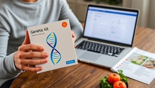 An individual holding a genetic testing kit box with DNA helix graphics, a laptop displaying health insights based on genetic data, and a personalized nutrition plan on the table, illustrating the integration of genetics into personalized health management.