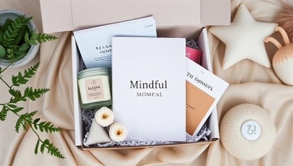 An aesthetically pleasing flat lay of a Mindful Moments Box filled with soothing products like a scented candle, a relaxation journal, herbal tea sachets, and a plush stress ball, creating a tranquil and cozy atmosphere.