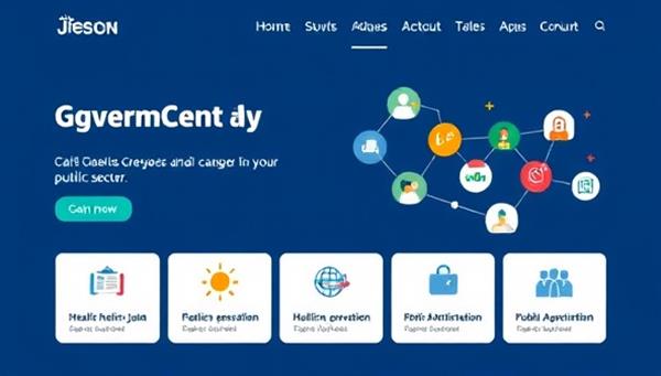 A professional landing page featuring a variety of government job listings, with icons representing different sectors such as healthcare, education, and public administration, conveying career growth and opportunity in the public sector.