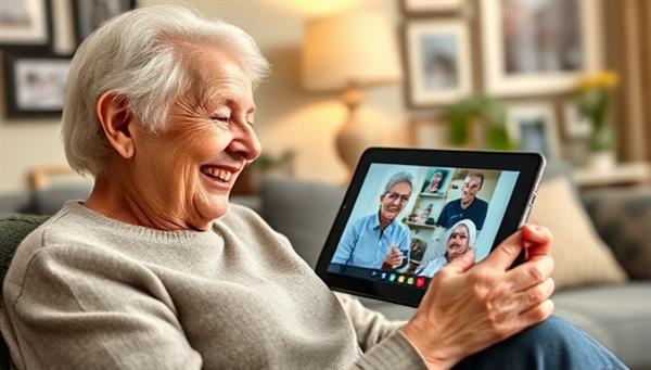 An elderly individual smiling while video chatting with a care coordinator on a tablet, surrounded by family photos and comforting home decor, showcasing the personalized and compassionate care offered by SeniorSage Care.