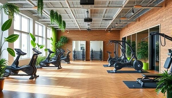 A modern and stylish fitness studio interior with sustainable bamboo flooring, energy-efficient lighting, recycled gym equipment, and lush green plants adorning the space, creating a harmonious blend of fitness and sustainability, appealing to eco-conscious fitness enthusiasts.