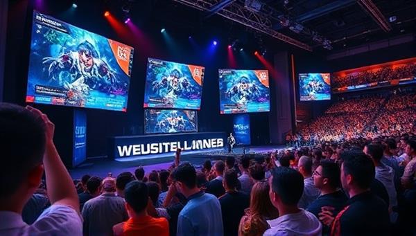 An exciting live-streamed gaming tournament scene with multiple screens showing intense gameplay, cheering spectators, and a host interacting with the audience, capturing the energy and competitiveness of the event.