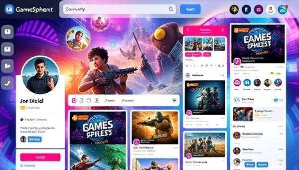 An immersive social media platform interface showcasing vibrant gaming communities, personalized feeds, and interactive features like group chats and game recommendation algorithms, illustrating the dynamic and engaging user experience on GameSphere Connect.