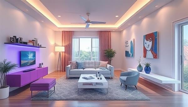 An aesthetically pleasing digital rendering showcasing a room with virtual AR overlays of furniture, decorations, and color schemes, creating a seamless blend of virtual and physical elements in a modern interior design setting.