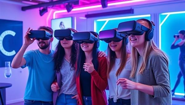 A group of friends wearing VR headsets, immersed in a virtual escape room environment, showcasing their excitement and collaboration as they solve puzzles together in a futuristic setting.