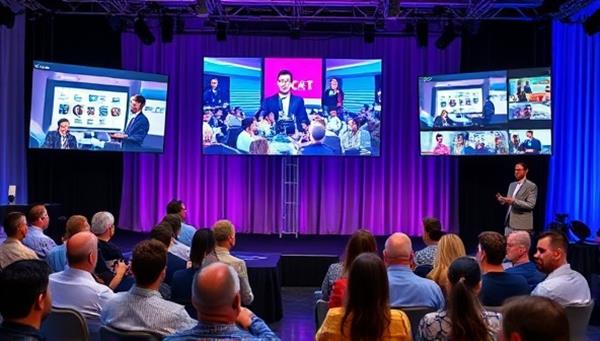 An image of a virtual event setup with multiple screens showcasing different event elements, virtual attendees interacting, and a host engaging with the audience, capturing the essence of a dynamic and interactive virtual event experience.