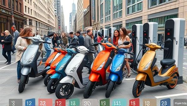 An urban setting with a row of colorful electric scooters parked at sleek charging stations, with a diverse group of people engaging with the stations, conveying convenience and sustainability.
