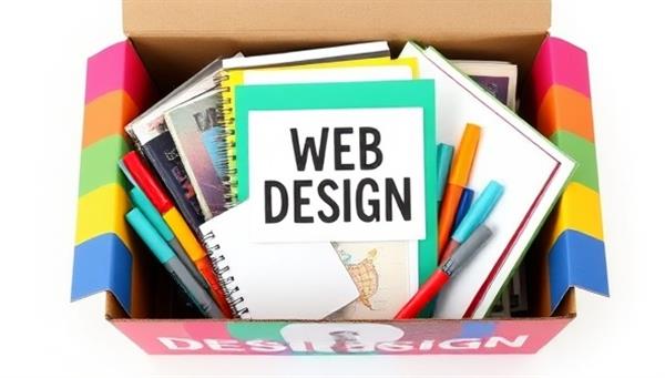 A colorful and vibrant box filled with design books, sketchpads, markers, and a trendy laptop sticker, symbolizing creativity and innovation in web design.