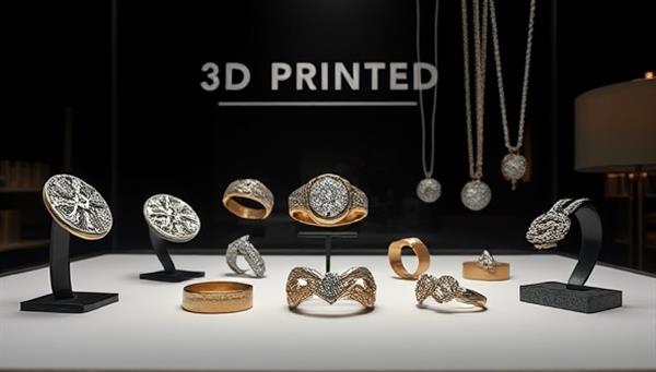 An elegant display of 3D printed jewelry pieces in a modern, minimalist setting, showcasing intricate designs and personalized engravings, appealing to customers seeking unique accessories.