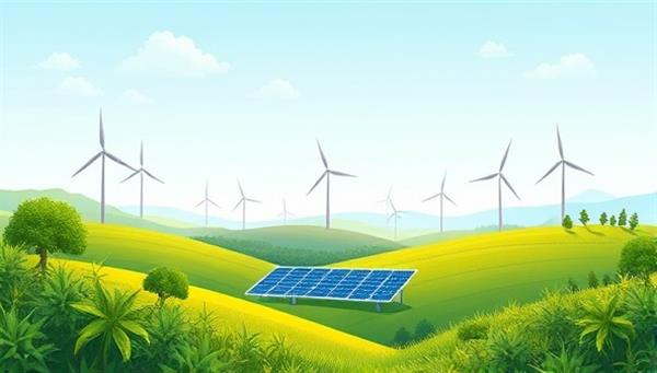 An illustration of a lush green landscape with wind turbines and solar panels, symbolizing clean energy and sustainable investments in a visually appealing and engaging manner.