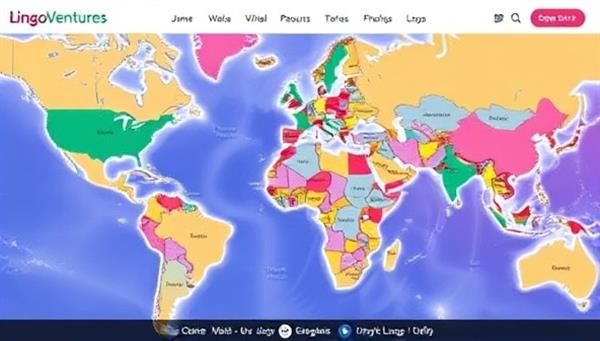 A vibrant and diverse online platform interface featuring multilingual blog posts, language exchange forums, virtual language challenges, and interactive maps showcasing users