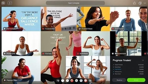 An energizing virtual workout session with diverse participants engaging in fitness challenges, motivational quotes, and progress trackers, illustrating the vibrant and supportive community environment of FitFusion Challenge.