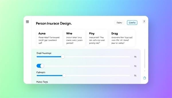 A sleek and modern digital interface of the InsureCraft platform displaying drag-and-drop insurance coverage options, sliders for adjusting policy details, and a vibrant color palette, symbolizing creativity and control in personalized insurance design.