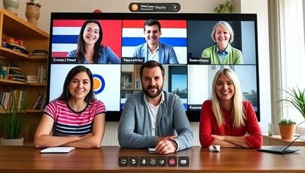 An engaging online language exchange session where users from different parts of the world interact via video call, practicing their language skills, sharing cultural insights, and forming meaningful connections through the power of multilingual communication and exchange.
