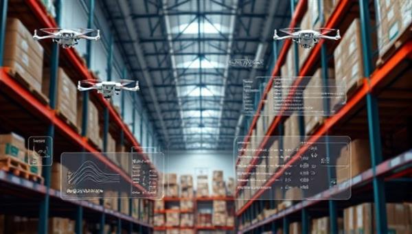 An aerial view of a warehouse with drones flying overhead, scanning shelves and tracking inventory, with digital data streams showing real-time stock levels and warehouse insights, demonstrating the efficiency and accuracy of DroneStock Monitor.