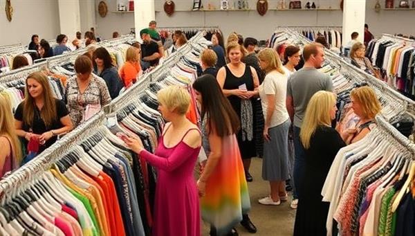 A vibrant fashion swap event filled with racks of clothing, accessories, and shoes, with diverse participants mingling and exchanging fashion items, creating a lively and sustainable shopping atmosphere that promotes community and eco-consciousness.