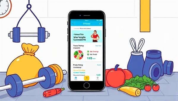 An illustration of a smartphone screen showing the FitGenie app interface with workout recommendations, meal plans, and progress tracking features, surrounded by gym equipment and healthy food items, symbolizing a holistic fitness experience.