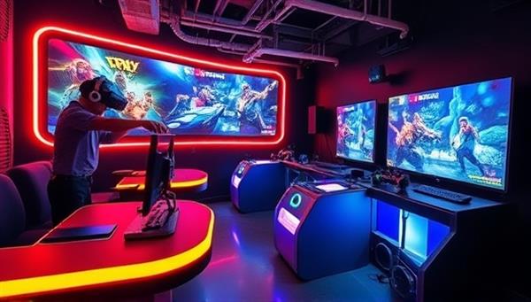 A futuristic gaming lounge setup featuring LED-lit gaming stations, VR headsets, motion-sensing controllers, and a vibrant digital display showcasing multiplayer games in action, creating an immersive and high-tech gaming environment for players to enjoy.