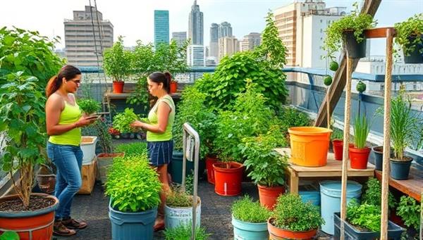 A vibrant rooftop garden scene with urban farmers harvesting fresh produce, surrounded by potted plants, gardening tools, and sustainable farming equipment, creating a lush and eco-friendly urban oasis for sustainable agriculture.