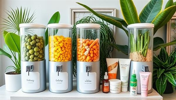 An eye-catching refill station setup with sleek dispensers filled with colorful organic beauty products, surrounded by lush green plants and eco-friendly packaging, promoting a sustainable and environmentally friendly beauty experience.