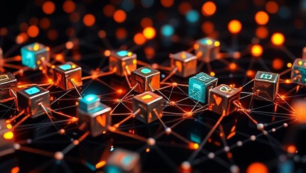 An innovative visualization of interconnected blockchain blocks forming a digital ledger, with financial data flowing securely between them, symbolizing trust, security, and efficiency in accounting processes.